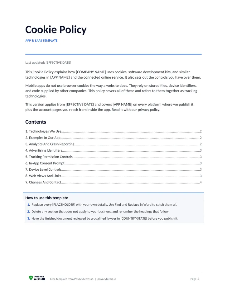 Cookie Policy (App & SaaS template): table of contents preview