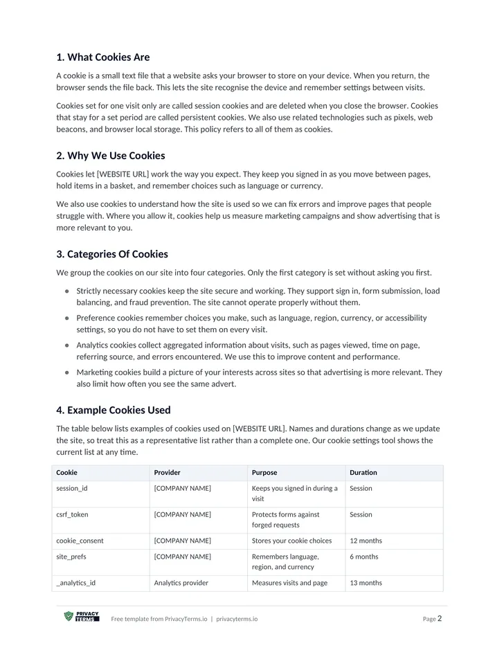 Cookie Policy template preview, page 1
