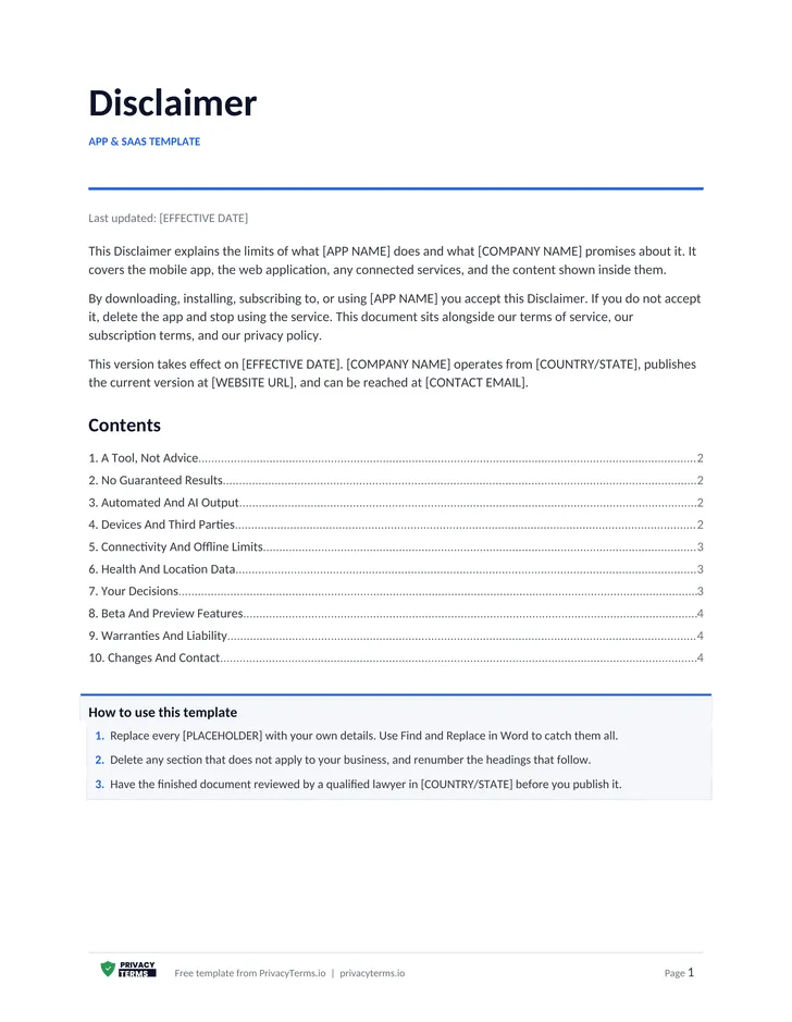 Disclaimer (App & SaaS template): table of contents preview