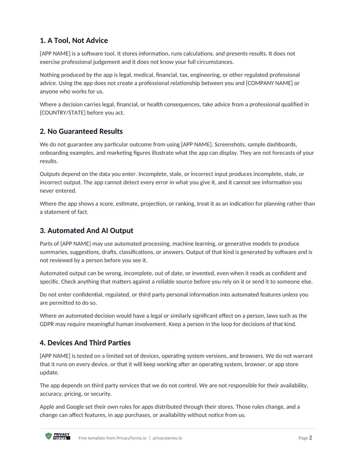 Disclaimer (App & SaaS template): page 1 preview
