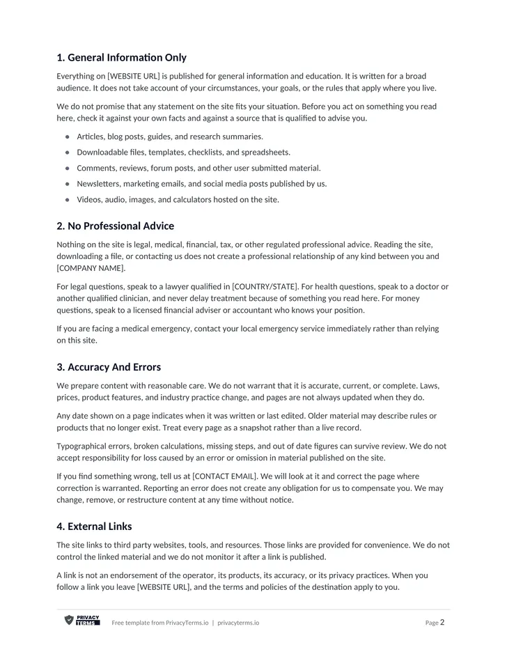 Disclaimer template preview, page 1