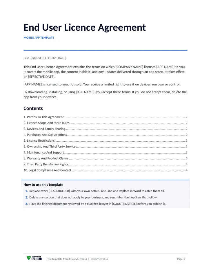 End User Licence Agreement (Mobile app template): table of contents preview