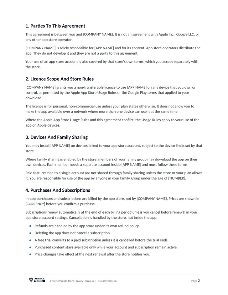 End User Licence Agreement (Mobile app template): page 1 preview