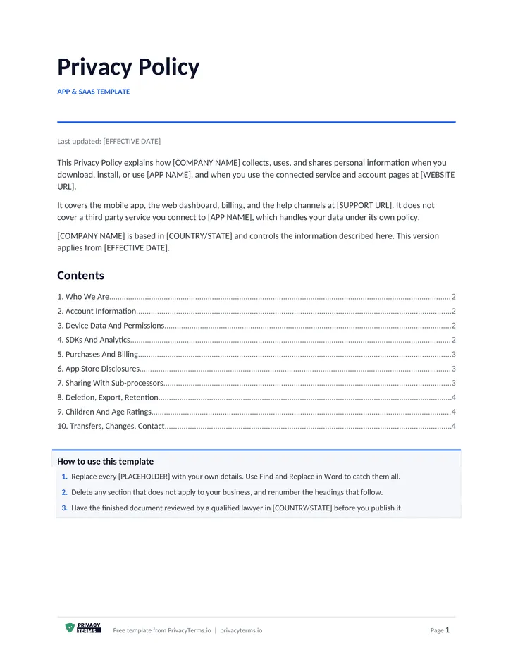 Privacy Policy (App & SaaS template): table of contents preview