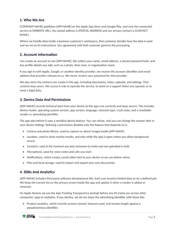 Privacy Policy (App & SaaS template): page 1 preview