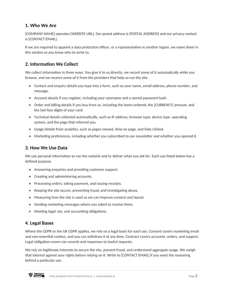 Privacy Policy template preview, page 1