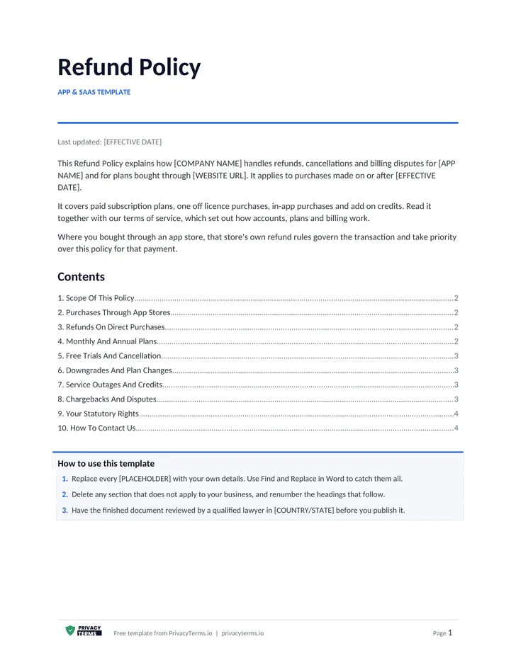 Refund Policy (App & SaaS template): table of contents preview