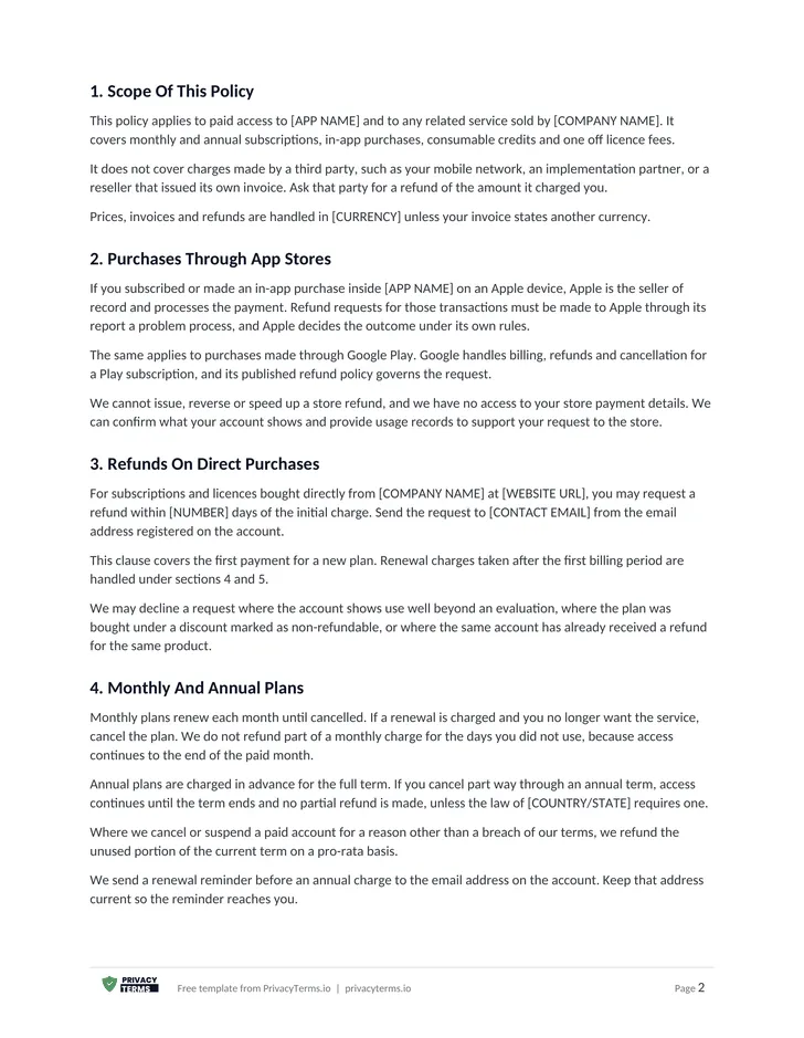 Refund Policy (App & SaaS template): page 1 preview