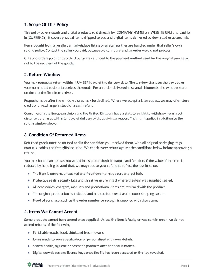 Refund Policy template preview, page 1