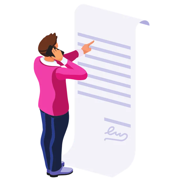 Illustration of a person reviewing a long Terms and Conditions document