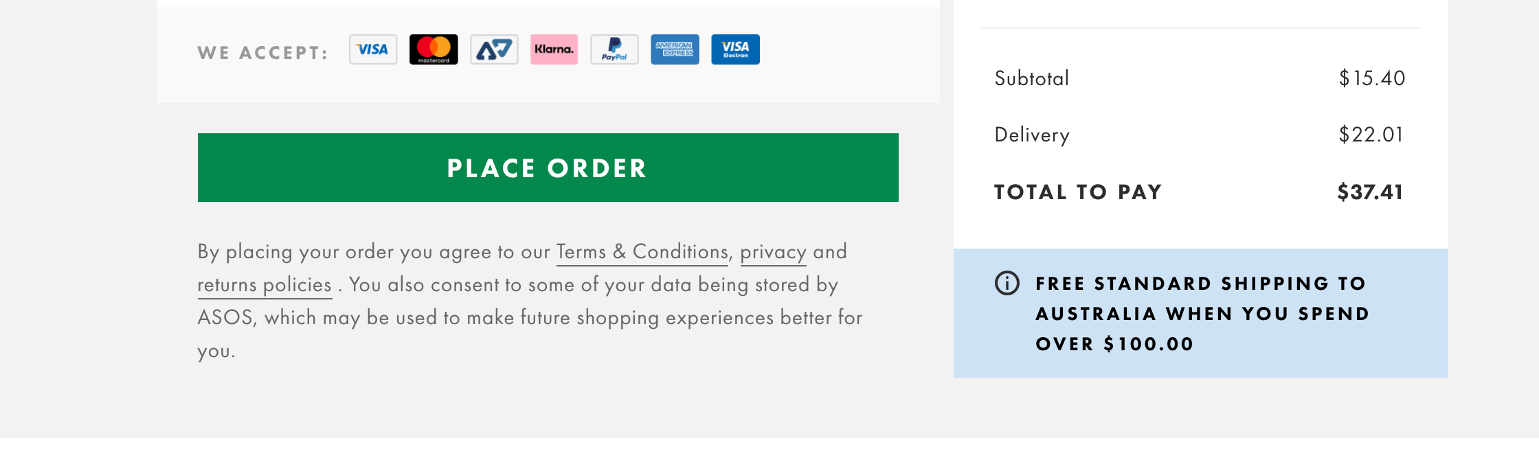 ASOS privacy policy linked at checkout