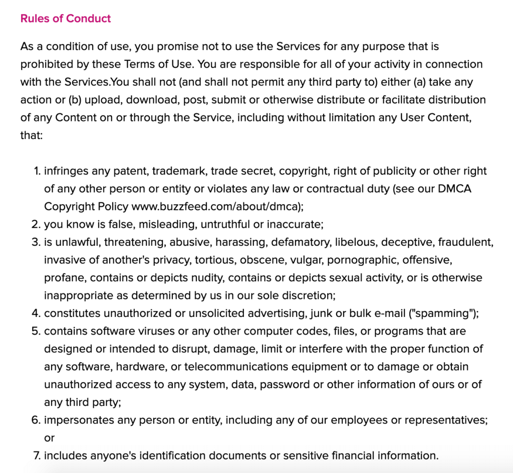 Excerpt of Buzzfeed's Rules of Conduct