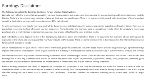 Lifestyle Digital earnings disclaimer