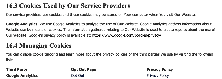 an example of the cookie policy from a PrivacyTerms.io Privacy Policy