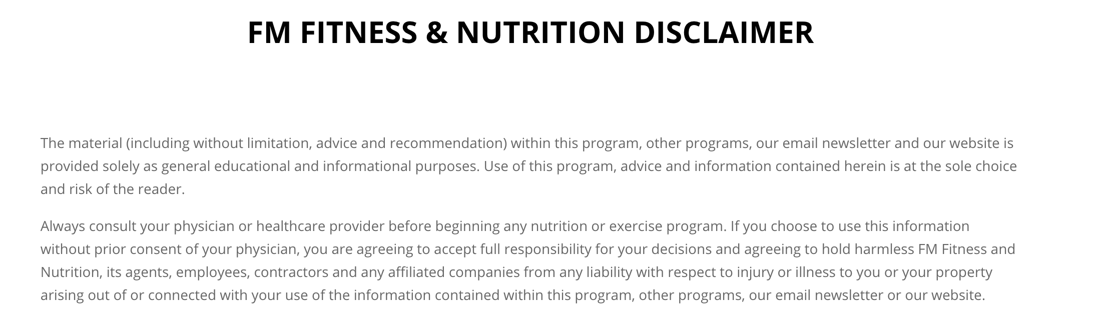 Fitness disclaimer example from FM Fitness and Nutrition's blog