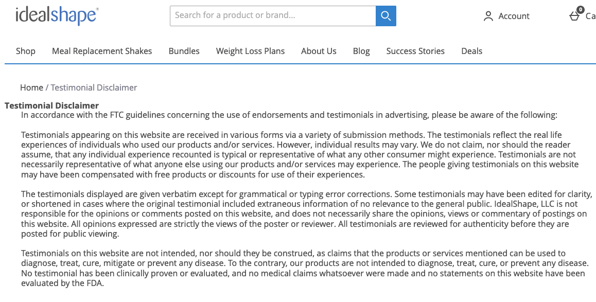 idealshape testimonial disclaimer