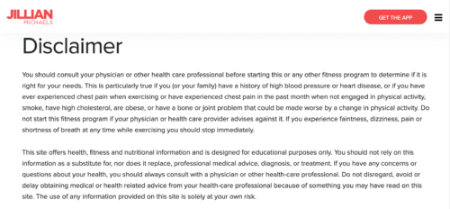 Fitness disclaimer example from Jillian Michaels' website