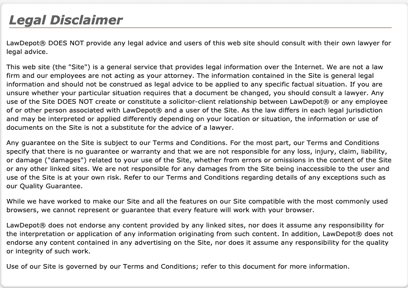 legal disclaimer from Law Depot