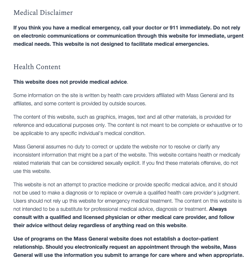 Mass General Hospital medical disclaimer
