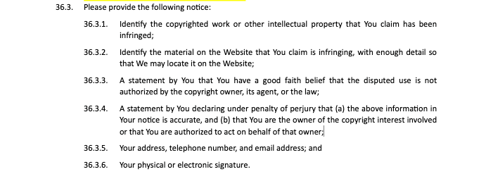 A section of the DMCA clause from the privacyterms.io Terms and Conditions generator