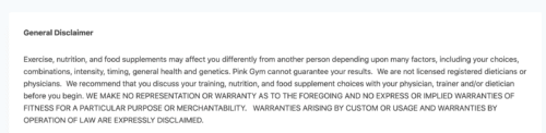 Fitness disclaimer example from Pink Gym's website