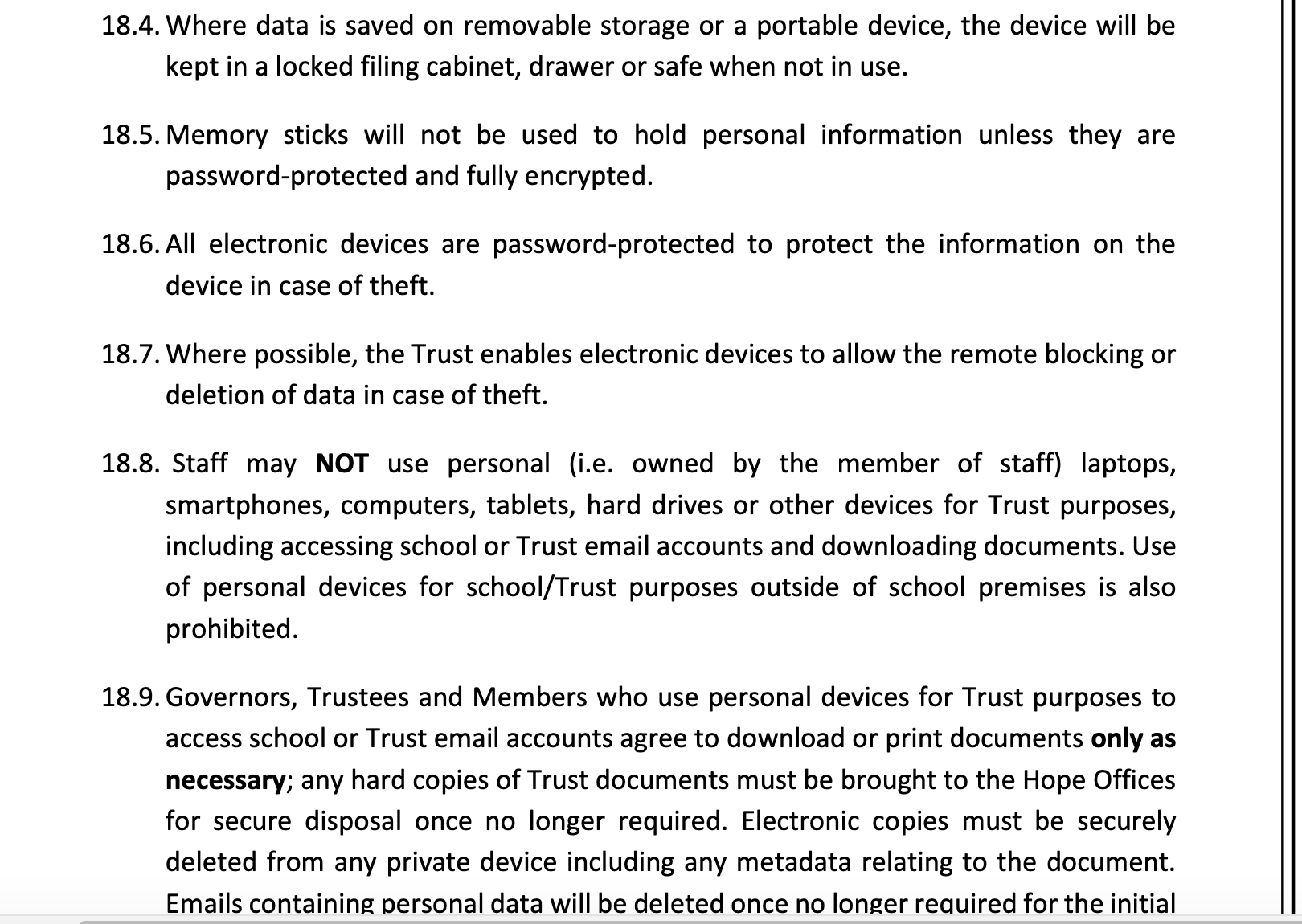 Part of the Data Security Section in Hope Learning Trust York's Data Protection Policy