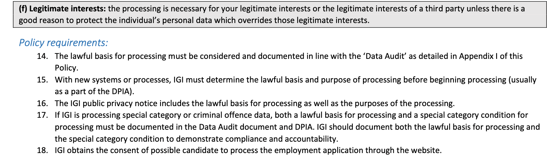 Section for Lawful Basis for Processing from International General Insurance Group's Data Protection Policy