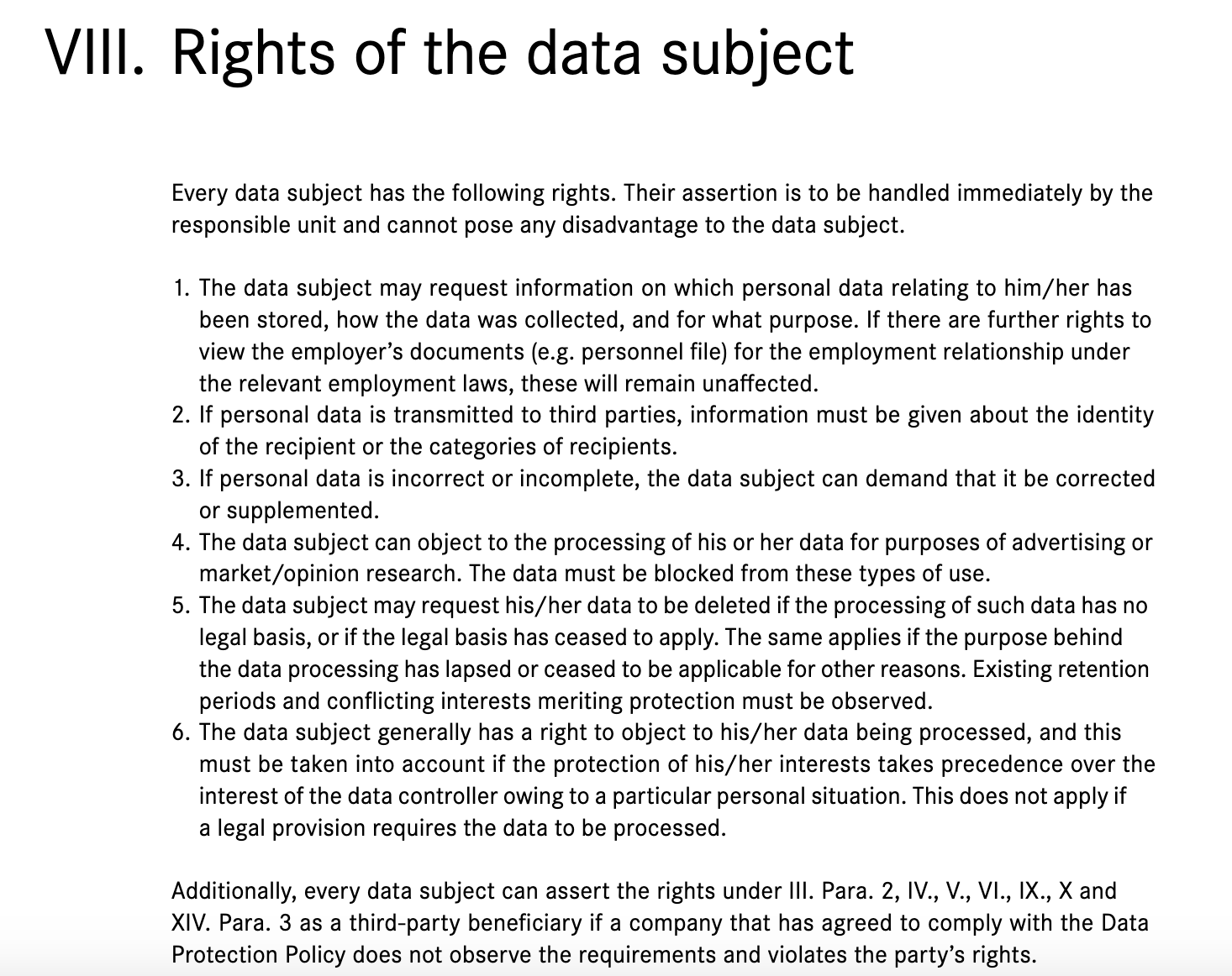 Data subjects Rights clause from Daimler's Data Protection Policy