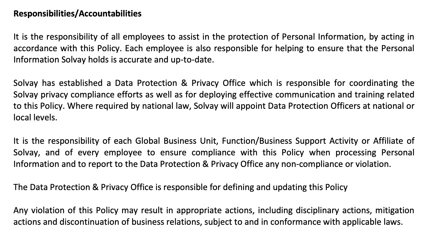 Responsibilities clause from Solvay's Data Protection Policy