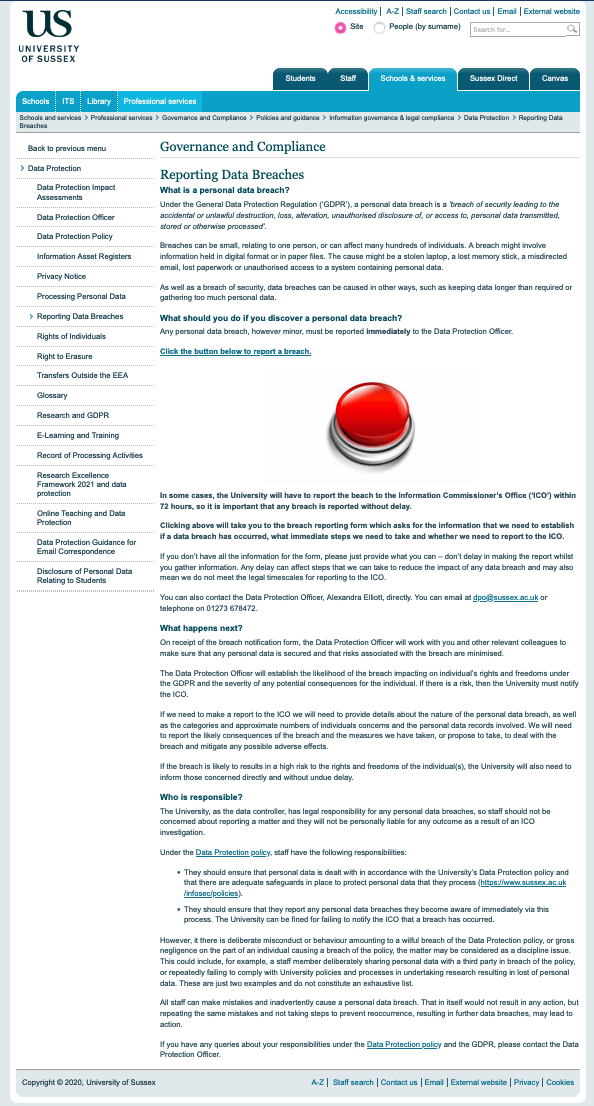 University of Sussex Reporting Data Breaches Section of their Data Protection Policy