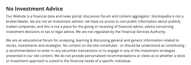 Stockopedia Investment Disclaimer