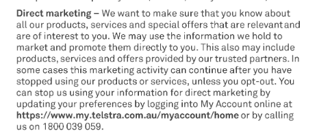 Telstra direct marketing clause