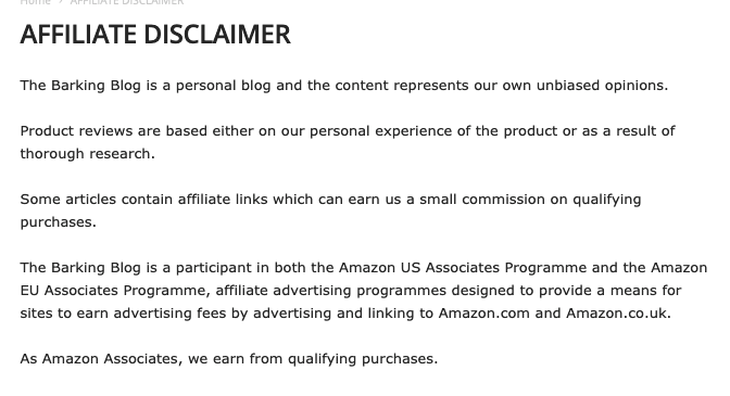 The Barking Blog affiliate disclaimer