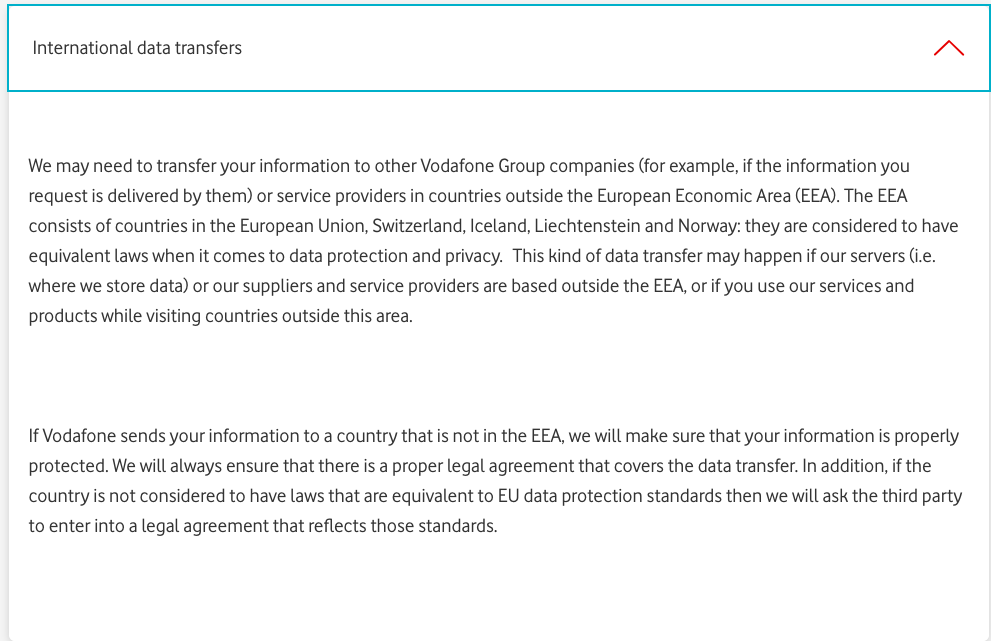 Vodafone International Data Transfer clause