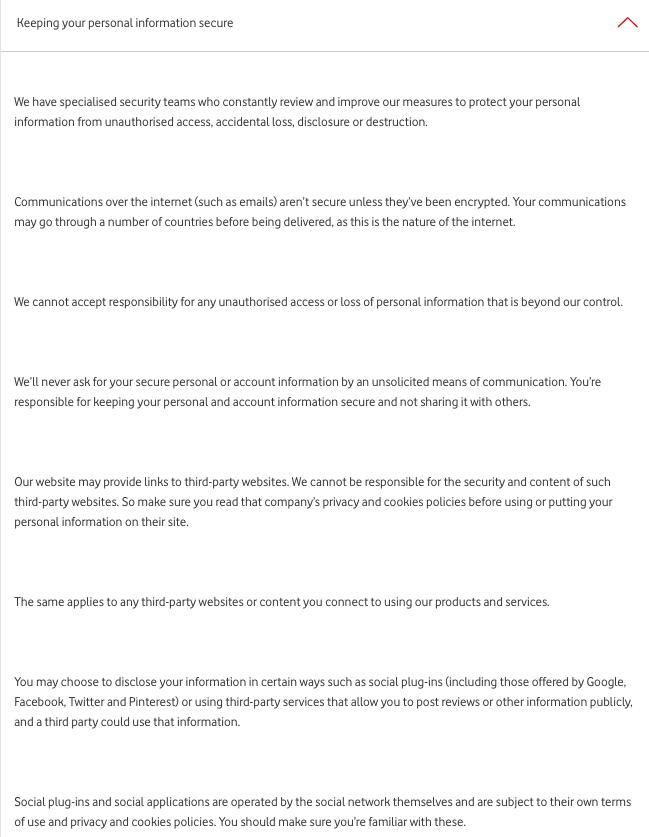 Vodafone security of personal information