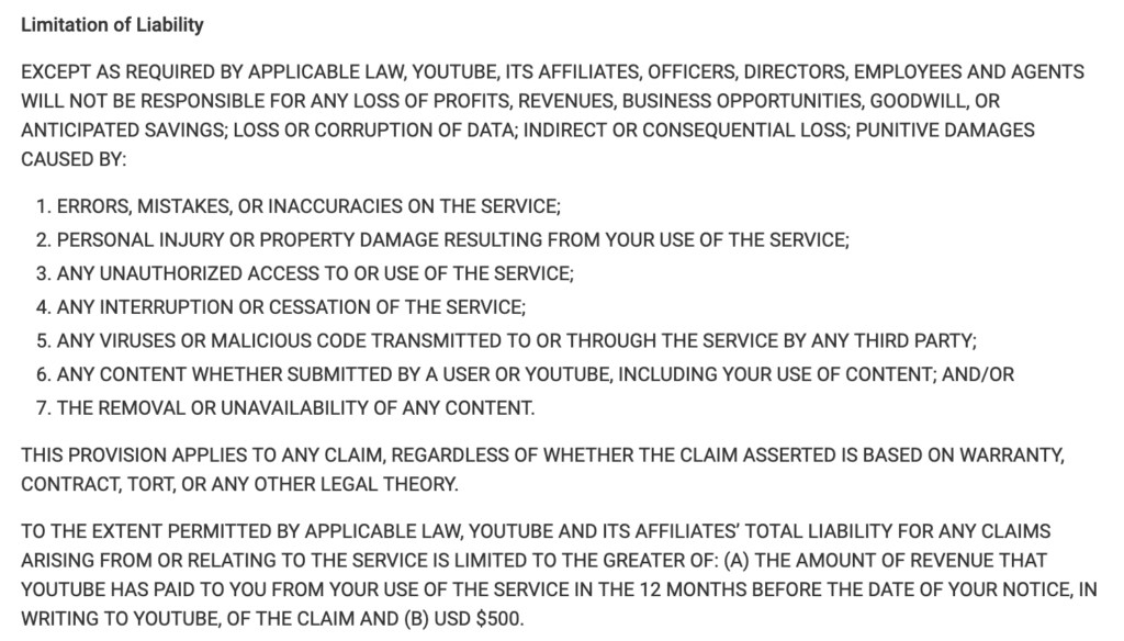 YouTube's Limitation of Liability clause