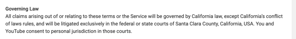 YouTube's Governing Law clause