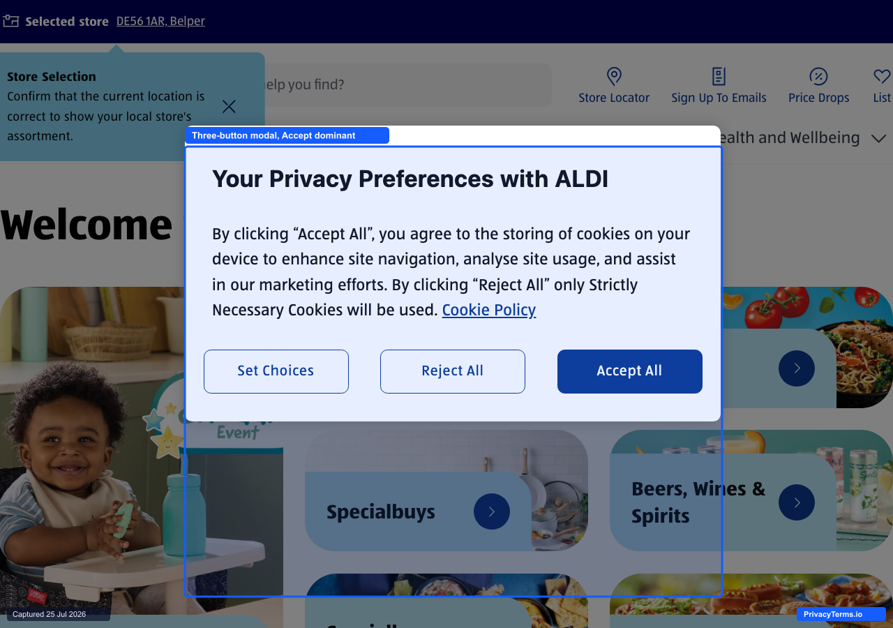 Aldi's three-button modal with a solid-blue Accept All button