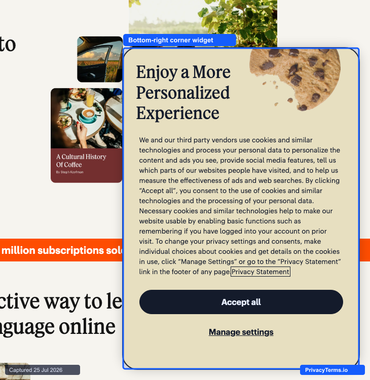 Babbel's bottom-right corner widget cookie banner