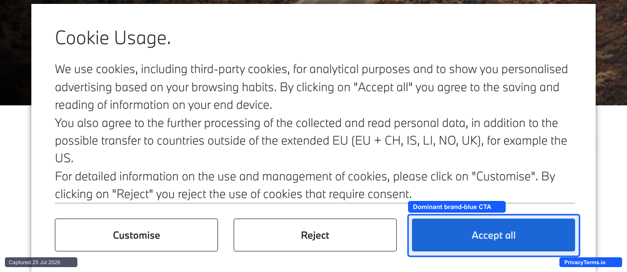 BMW's cookie banner with a solid blue Accept all button set against two outline buttons