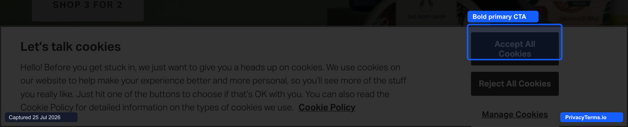 The Body Shop's bottom bar with a bold-weight Accept button next to a muted Reject button