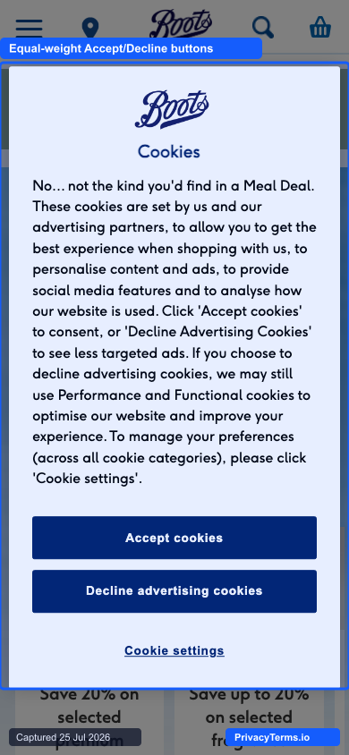 Boots' mobile modal with equal-weight Accept and Decline buttons