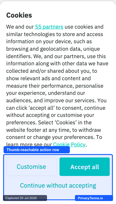 Deliveroo's bottom-sheet cookie banner anchored to the mobile screen edge