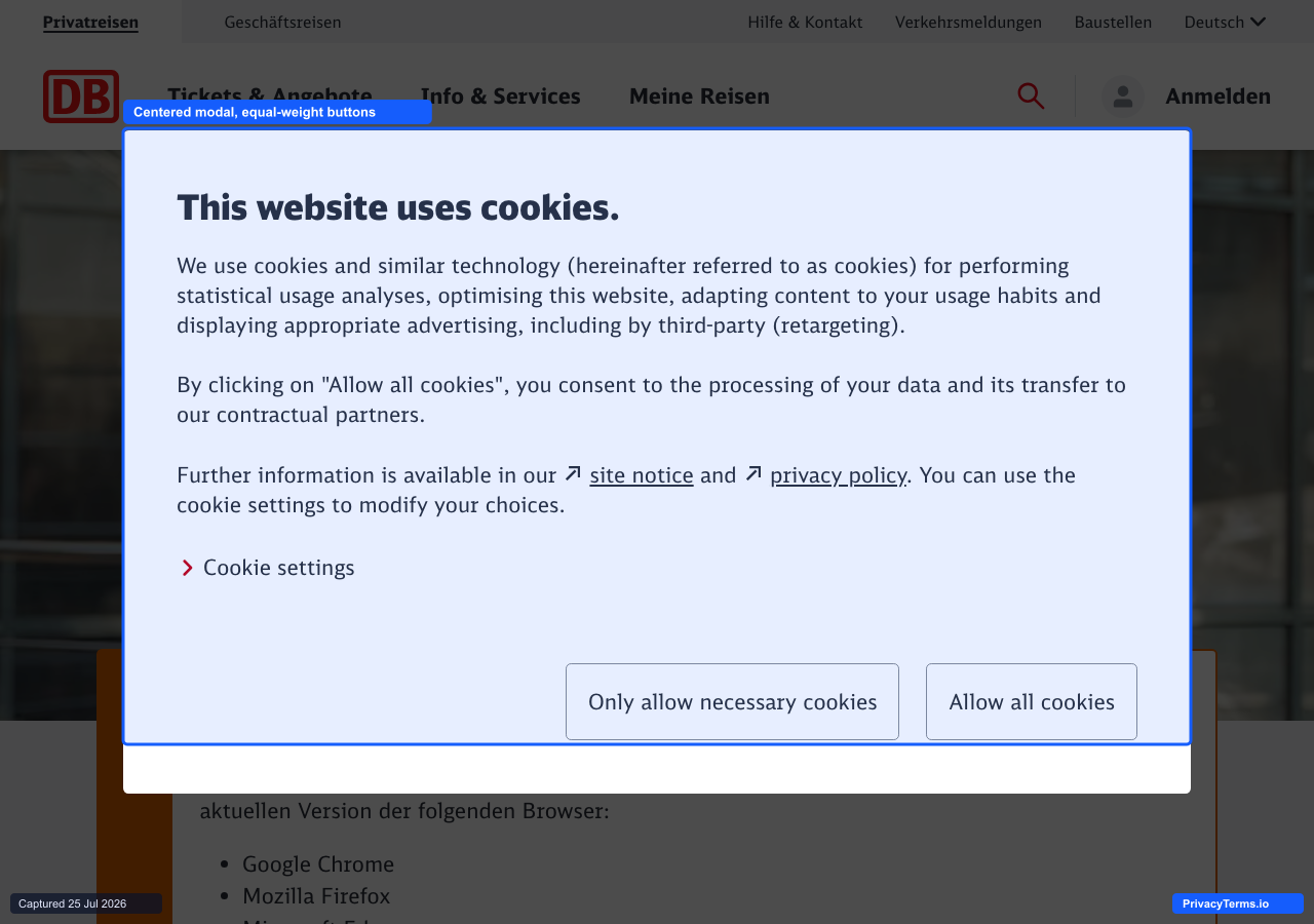 Deutsche Bahn's centered modal with equal-weight accept and reject buttons