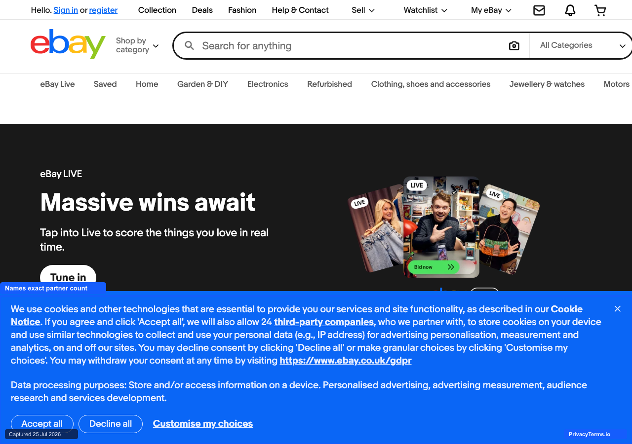 eBay's cookie banner naming its exact third-party partner count