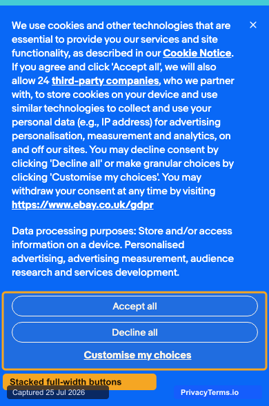eBay's mobile cookie banner with three stacked full-width buttons