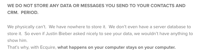 Ecquire privacy notice explaining they don't collect user data