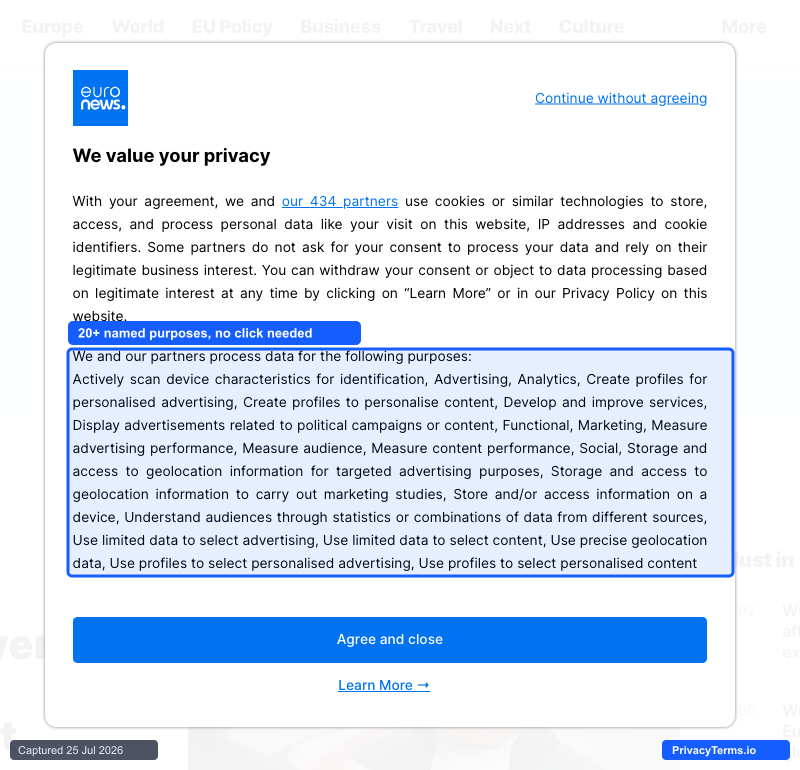 Euronews' cookie consent modal listing 20+ named data-processing purposes directly