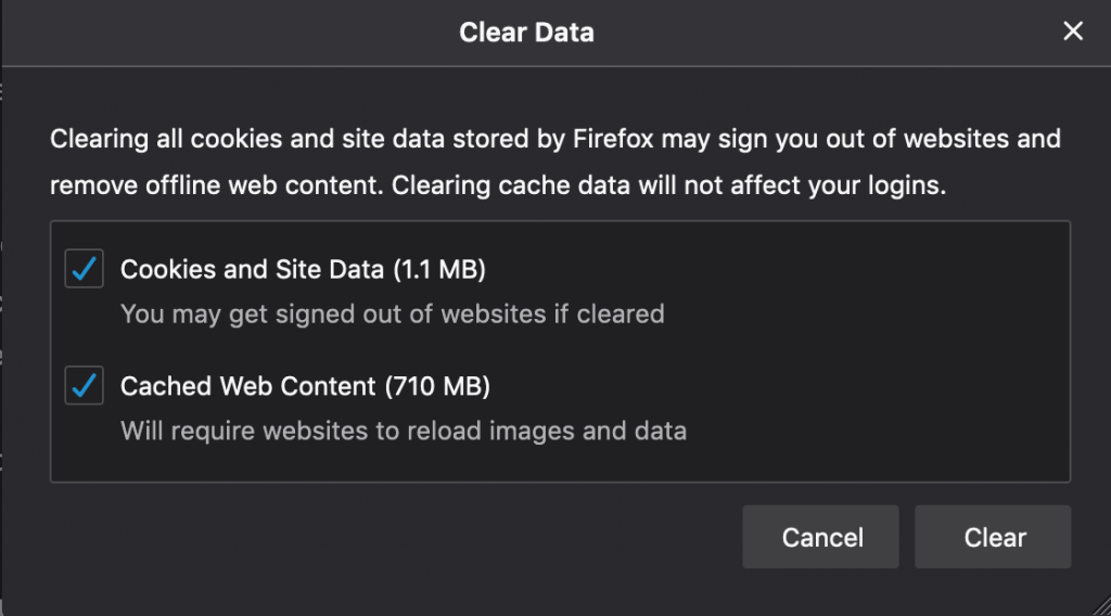 Firefox warning when clearing all cookies and site data