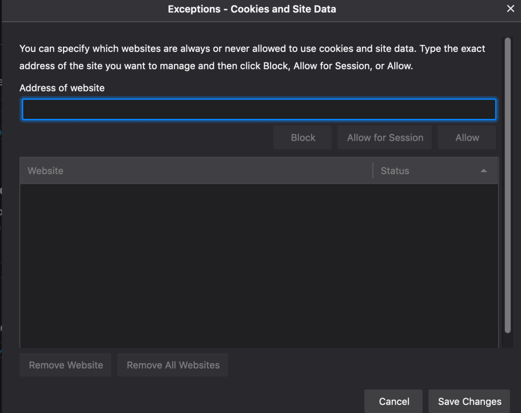 Firefox manage cookie permissions screen for allowing or blocking sites